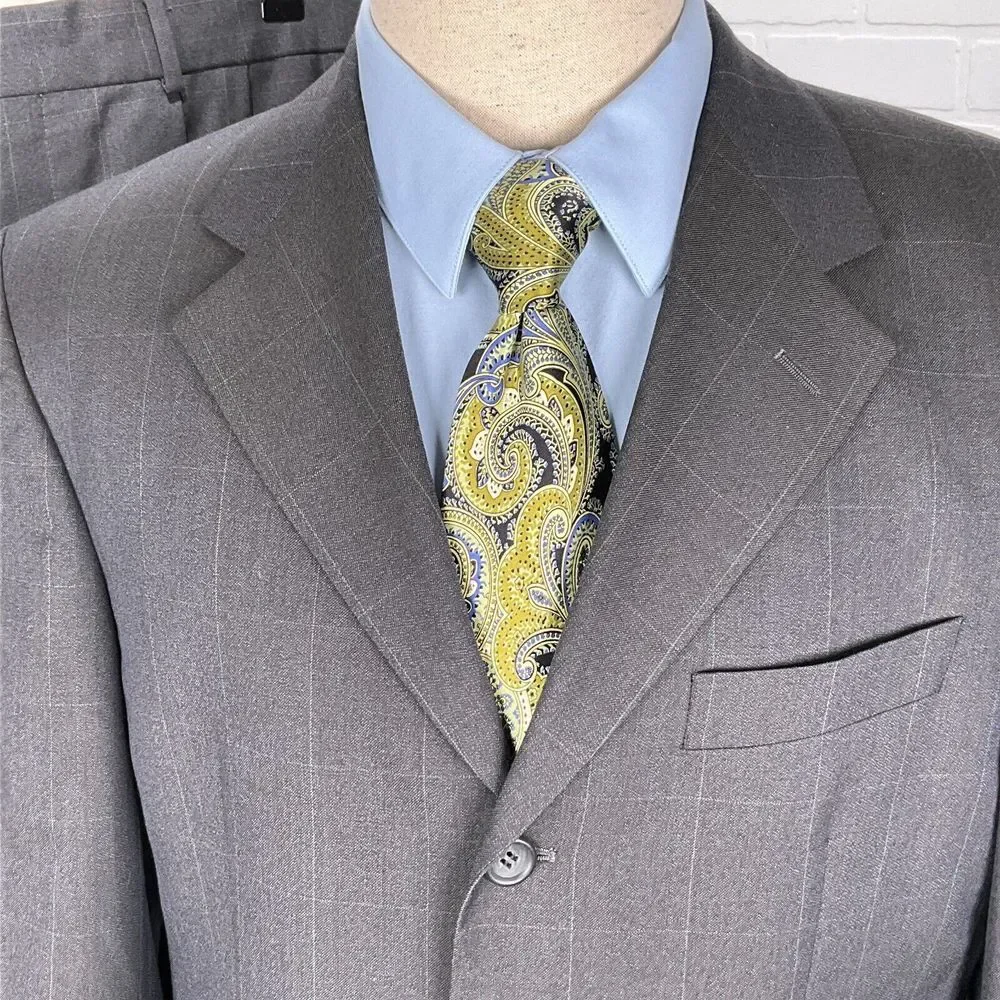 Lord West Suit Men 40S 34Wx25L Gray White Check Classic Career Cuffs‎ Wool 2pc